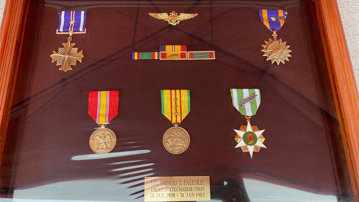 Photo shows medals awarded to Thomas Faleskie during a career in the Marines from 1958 to 1982, He served two years in Vietnam flying helicopters.
