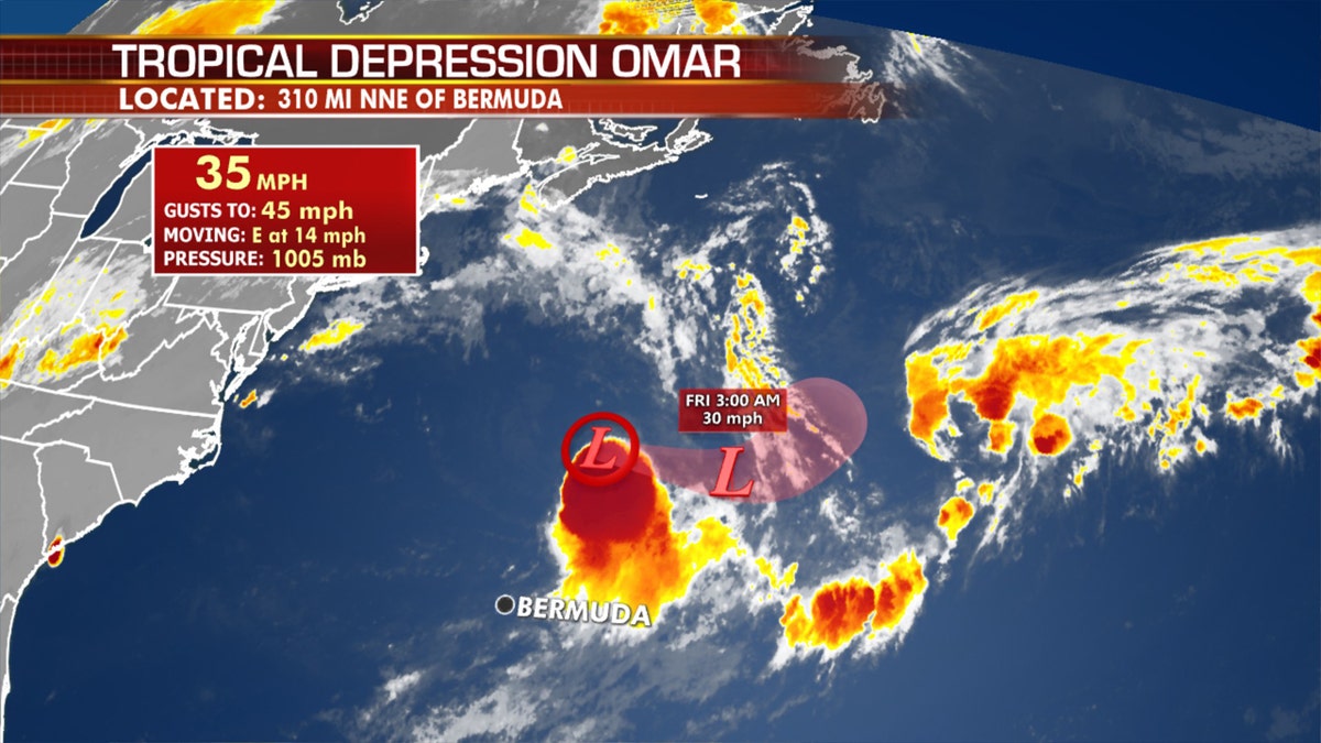 Omar has now weakened to a tropical depression as it passes north of Bermuda.