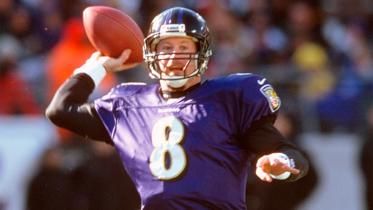 BALTIMORE, MD - DECEMBER 31: Trent Dilfer #8 of the Baltimore Ravens throws a pass against the Denver Broncos during the AFC Wild Card Game December 31, 2000 at PSINet Stadium in Baltimore, Maryland. The Ravens won the game 21-3.. (Photo by Focus on Sport/Getty Images)