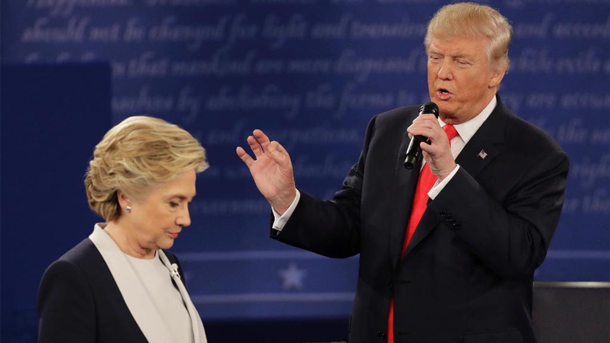 Donald Trump speaks during a 2016 presidential debate with Hillary Clinton.