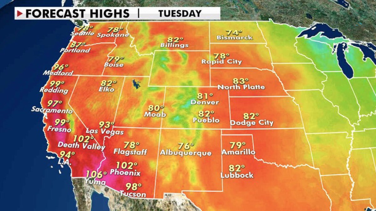 Forecast high temperatures for Tuesday, Sept. 29, 2020.