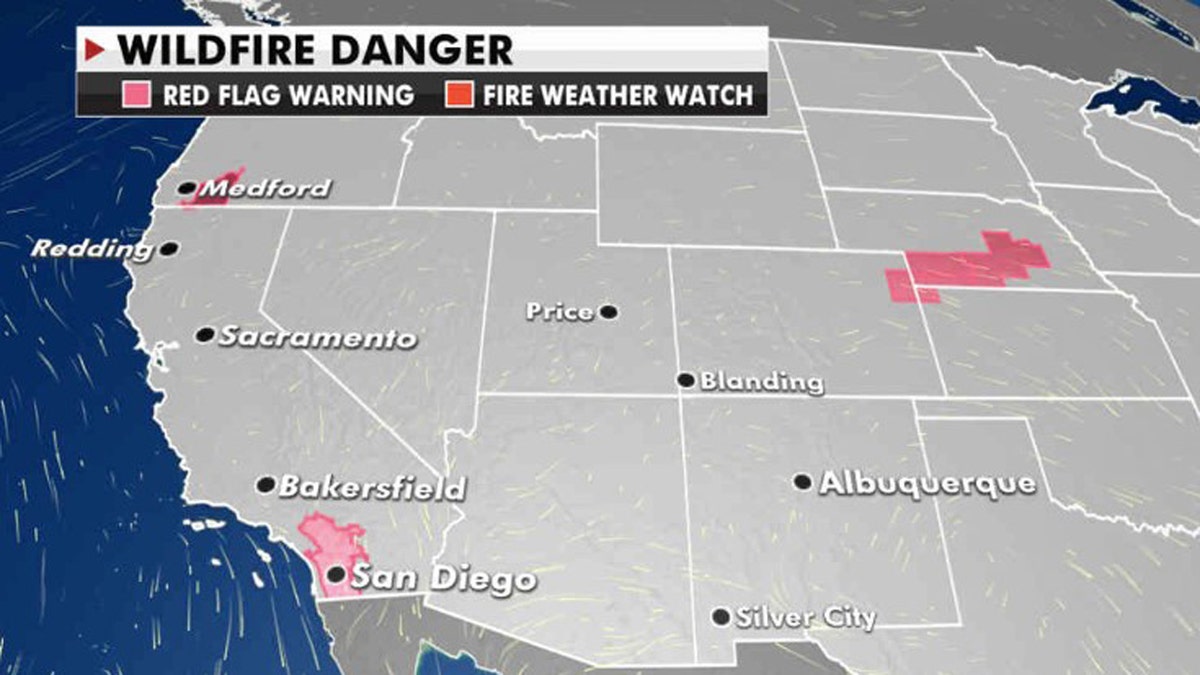 The greatest fire danger on Tuesday is in Southern California.