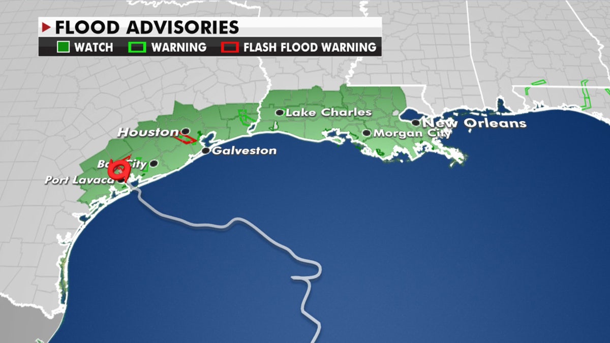 Flood advisories stretch from Texas into Louisiana as Tropical Storm Beta slowly moves along the coast.