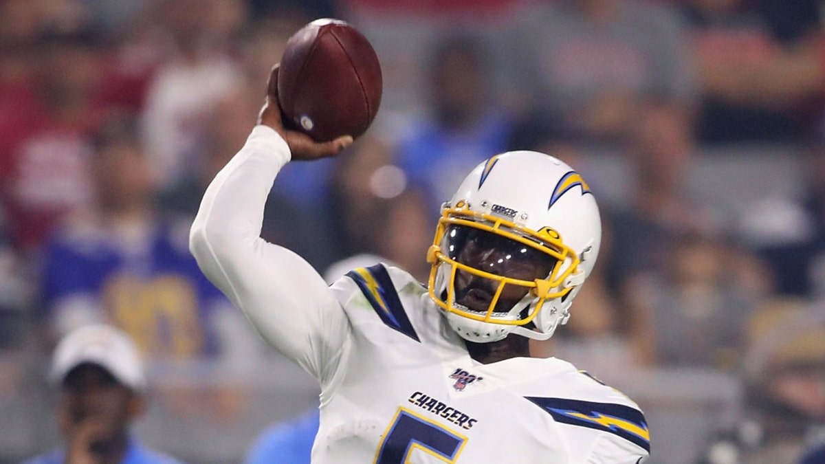 Tyrod Taylor #5 of the Los Angeles Chargers throws a pass during the NFL preseason game against the Arizona Cardinals at State Farm Stadium on August 08, 2019 in Glendale, Arizona. The Cardinals defeated the Chargers 17-13. (Photo by Christian Petersen/Getty Images)