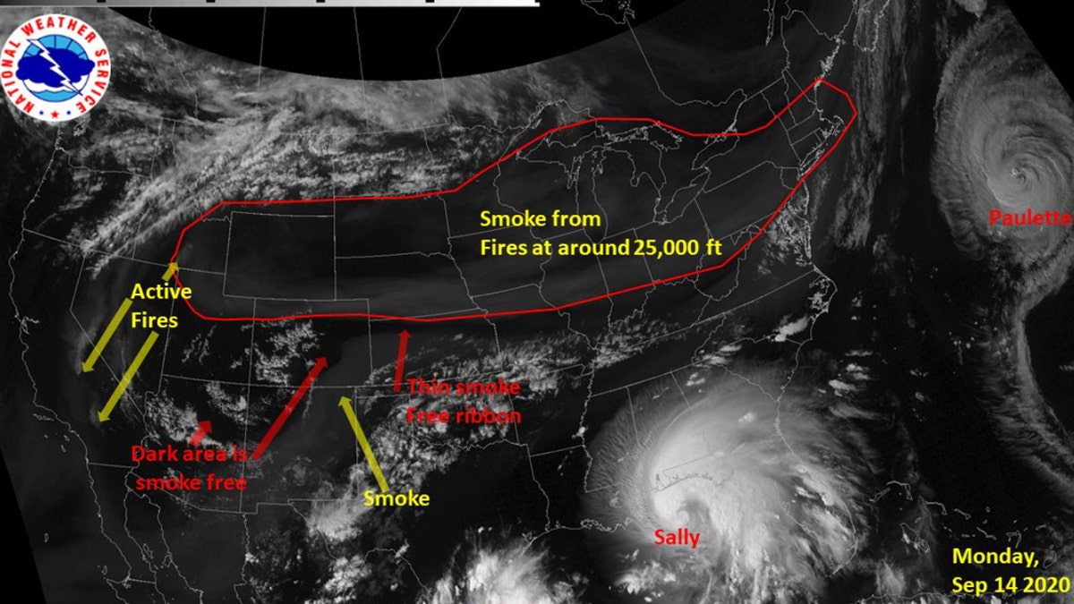 Wildfire smoke extends from the West Coast all the way to New England in this satellite imagery from Sept. 14, 2020.