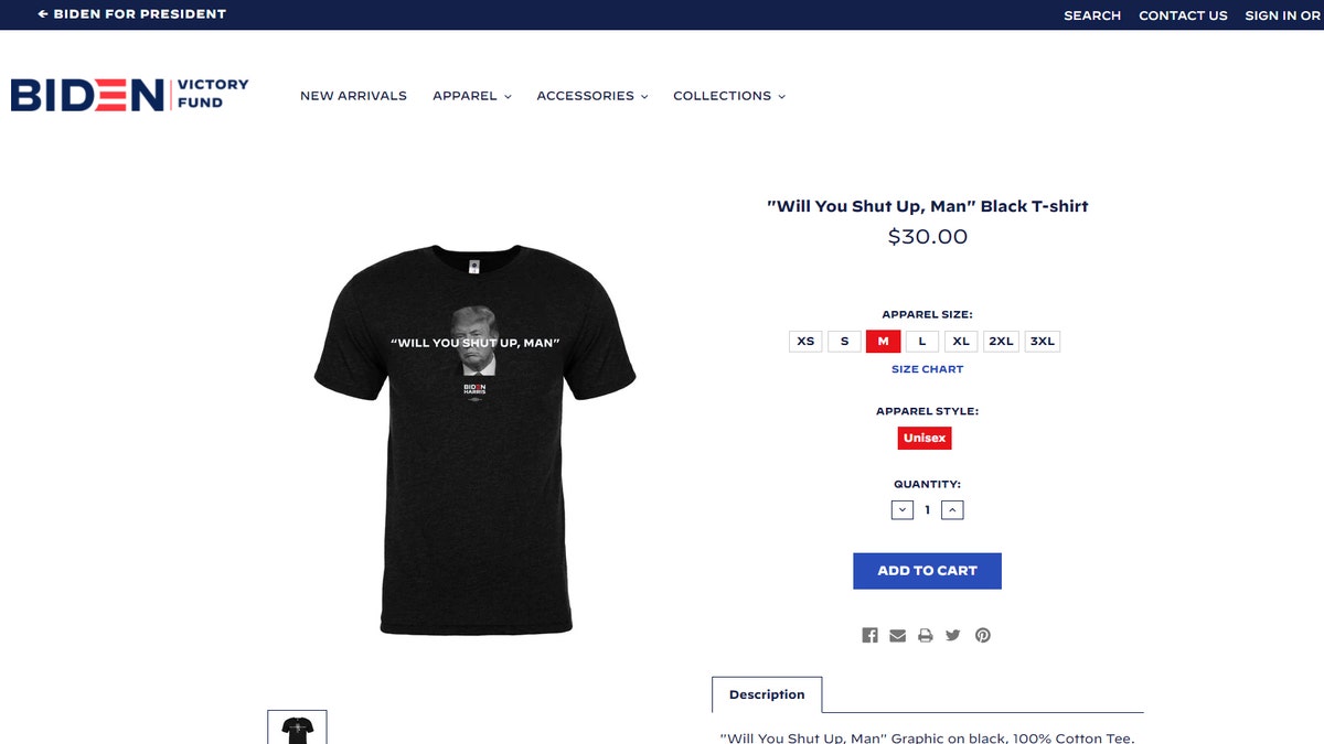 The shirt feature the phrase “Will You Shut Up, Man” emblazoned across a black-and-white image of Trump.