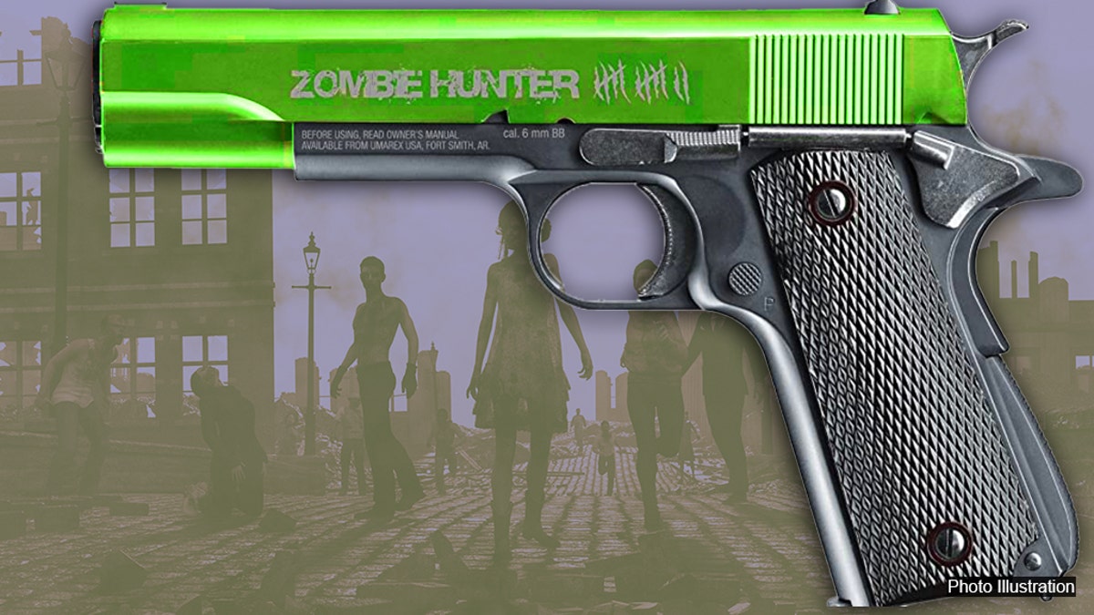 The toy gun was neon green and black with an orange tip featuring the words on the handle: “Zombie Hunter.” (Photo illustration)