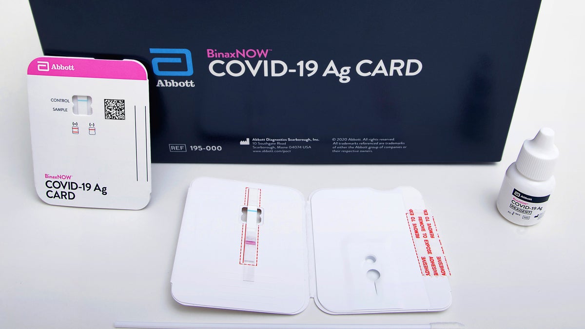 The Food and Drug Administration on Wednesday, Aug. 26, 2020, authorized BinaxNOW, the first rapid coronavirus test that doesn’t need any special computer equipment to get results. (Abbott Laboratories via AP)