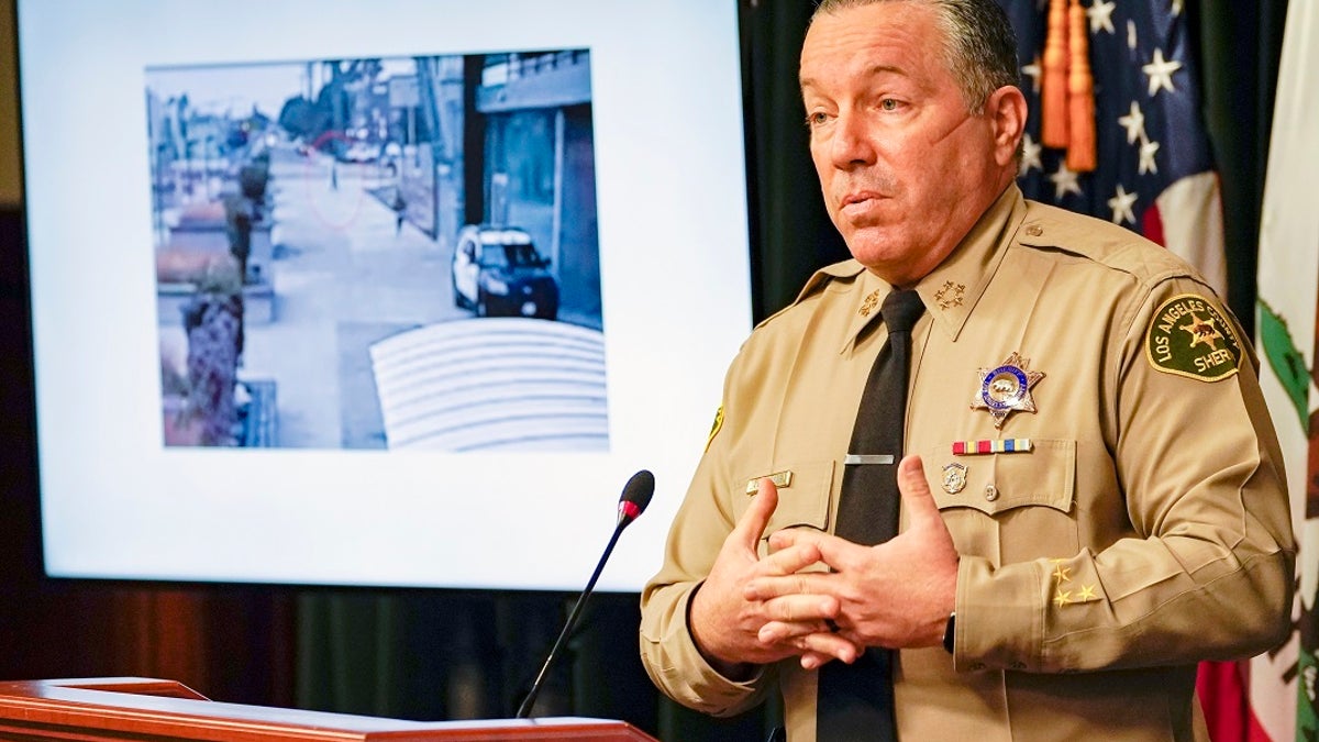 Los Angeles County Sheriff Alex Villanueva comments on the investigation of the shooting of two deputies during a news conference at the Hall of Justice in downtown Los Angeles on Thursday. (Associated Press)