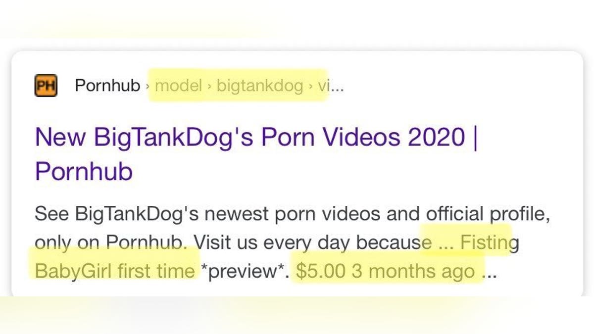 Search screenshot shows BigTankDog's Pornhub profile with monetized content (Credit: Exodus Cry)