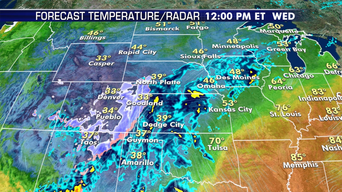 More snow is forecast across the Rockies and into the Plains on Wednesday.