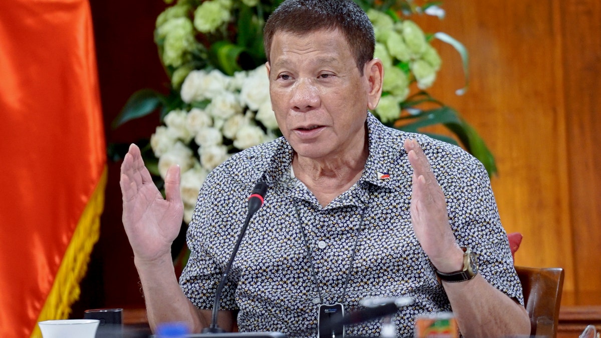 Philippine President Rodrigo Duterte gestures as he meets members of the Inter-Agency Task Force on the Emerging Infectious Diseases at the Malacanang presidential palace in Manila, Philippines on Monday. (AP/Malacanang Presidential Photographers Division)