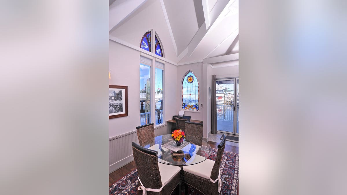 Original features like a 30-foot steeple and seven stained-glass windows were preserved.