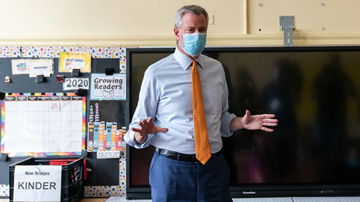Bill de Blasio, mayor of New York, speaks during a news conference at New Bridges Elementary School in the Brooklyn borough of New York, U.S., on Wednesday, Aug. 19, 2020. Photographer: Jeenah Moon/Bloomberg via Getty Images