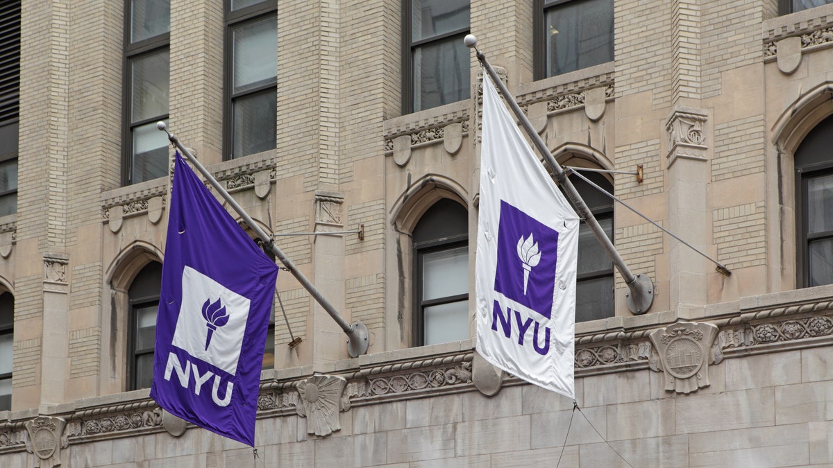 NYU flags on a building in New York City