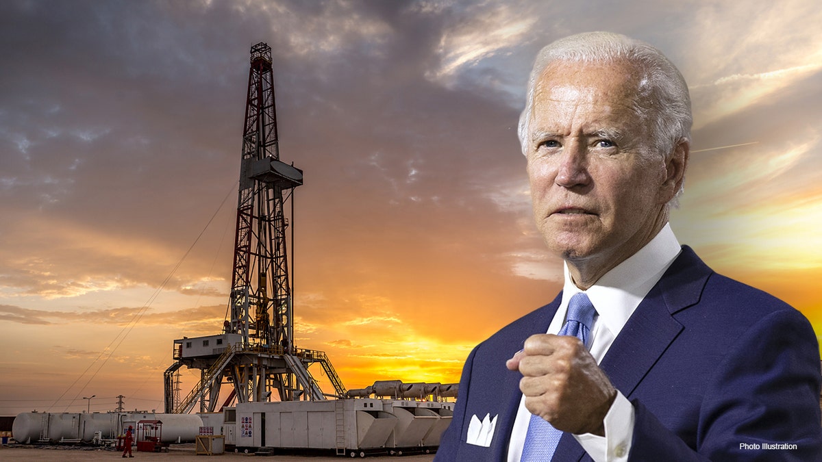 Photo illustration of President Biden with fist raised next to an oil field
