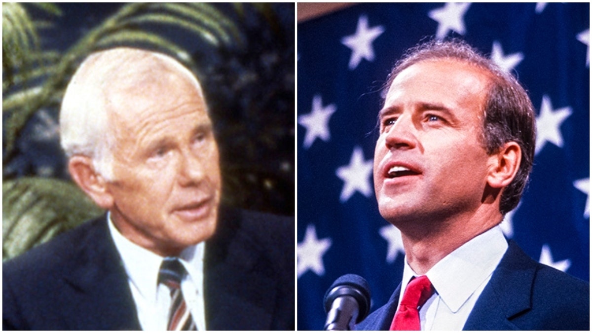 Johnny Carson, left, poked fun at then-presidential candidate Sen. Joe Biden in 1987.
