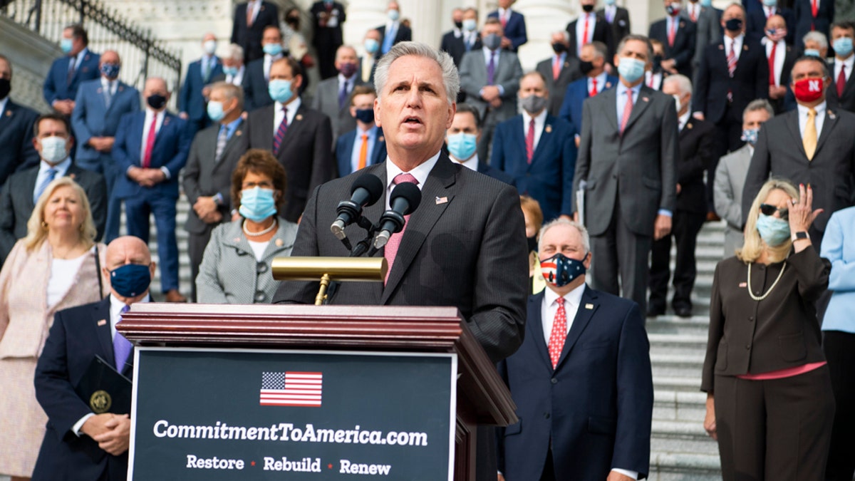 UNITED STATES - SEPTEMBER 15: House Minority Leader Kevin McCarthy, R-Calif., along with House Republicans, conduct an event on the House steps of the Capitol to announce the Commitment to America, agenda on Tuesday, September 15, 2020. The plan outlines ways to restore our way of life, rebuild the greatest economy in history, and renew the American dream. (Photo By Tom Williams/CQ-Roll Call, Inc via Getty Images)
