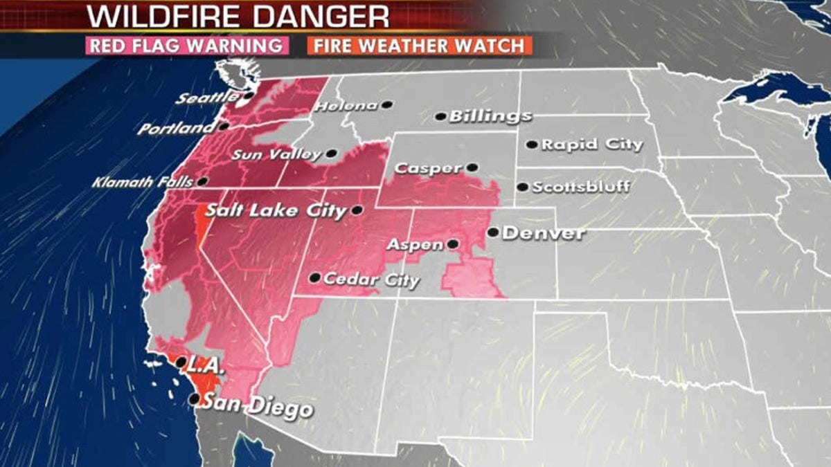 The wildfire danger expands on Monday across the West.