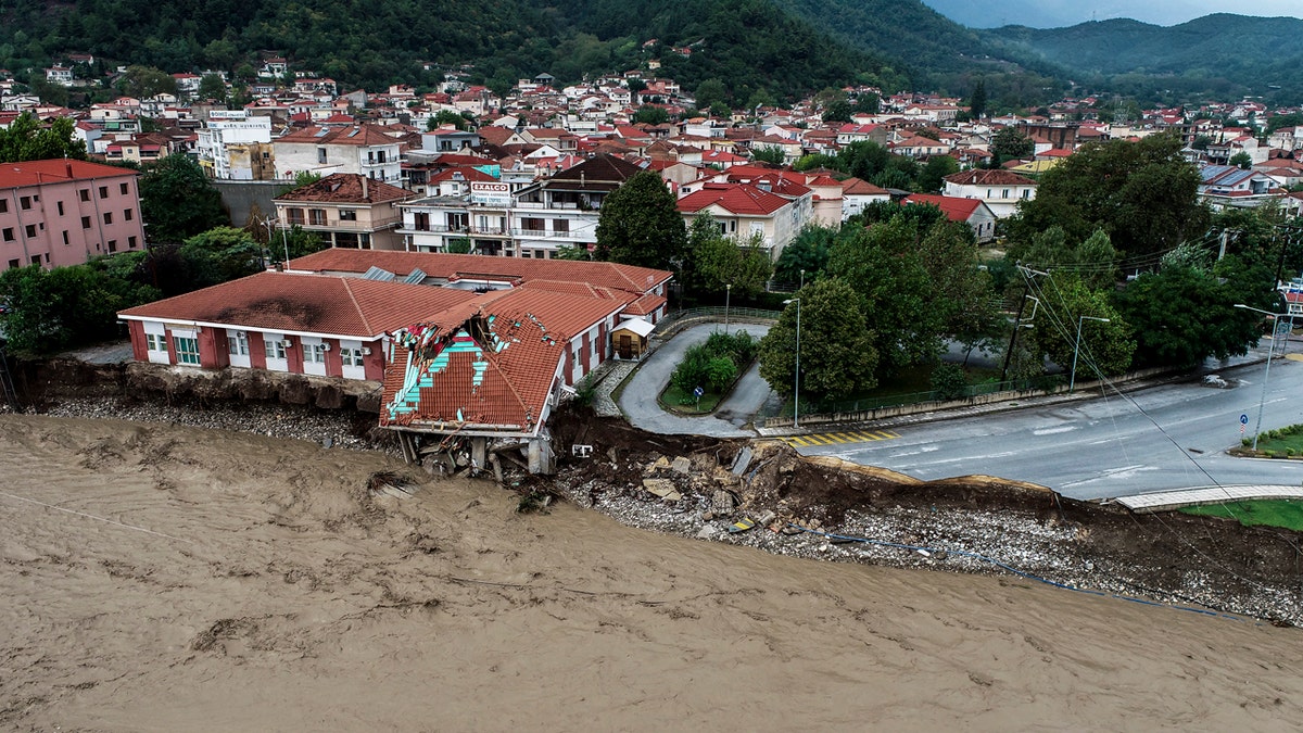 The medical centre of Mouzaki village is seen partially collapsed after a storm, near Karditsa town, Saturday, Sept. 19, 2020. 
