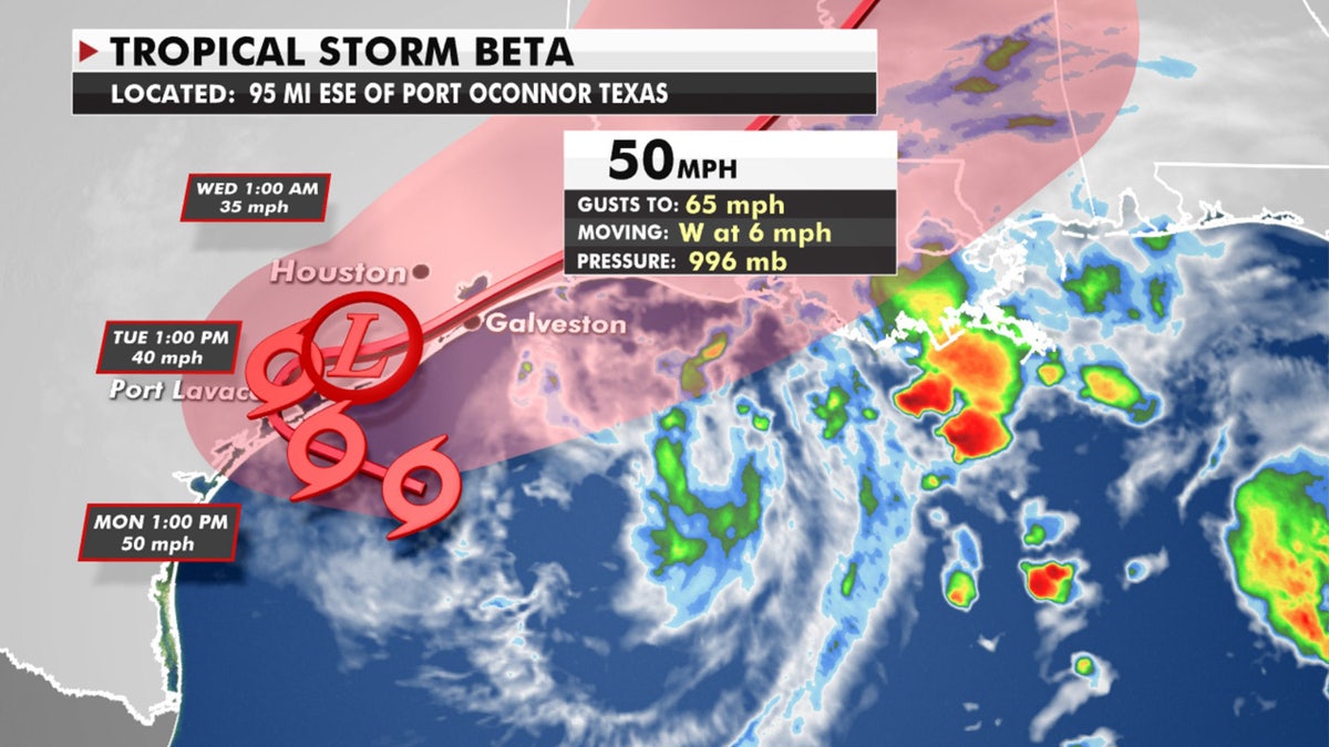 The forecast track of Tropical Storm Beta.