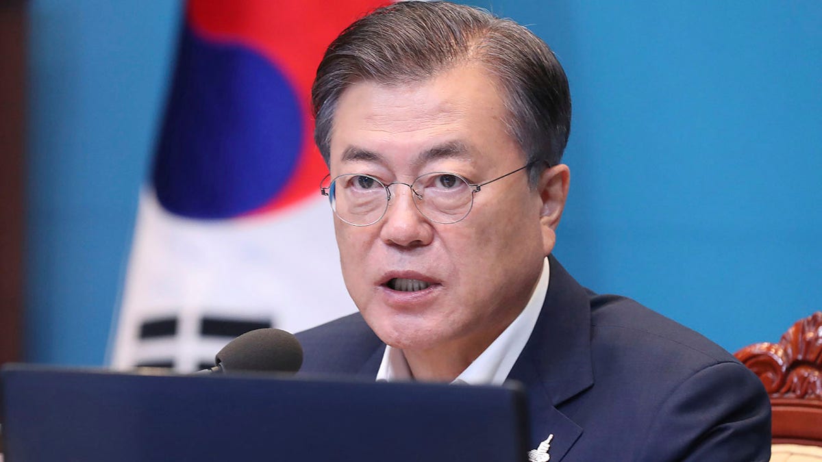 South Korean President Moon Jae-in speaks during a meeting with his senior secretaries at the presidential Blue House in Seoul, South Korea, Monday, Sept. 28, 2020. (Lee Jin-wook/Yonhap via AP)