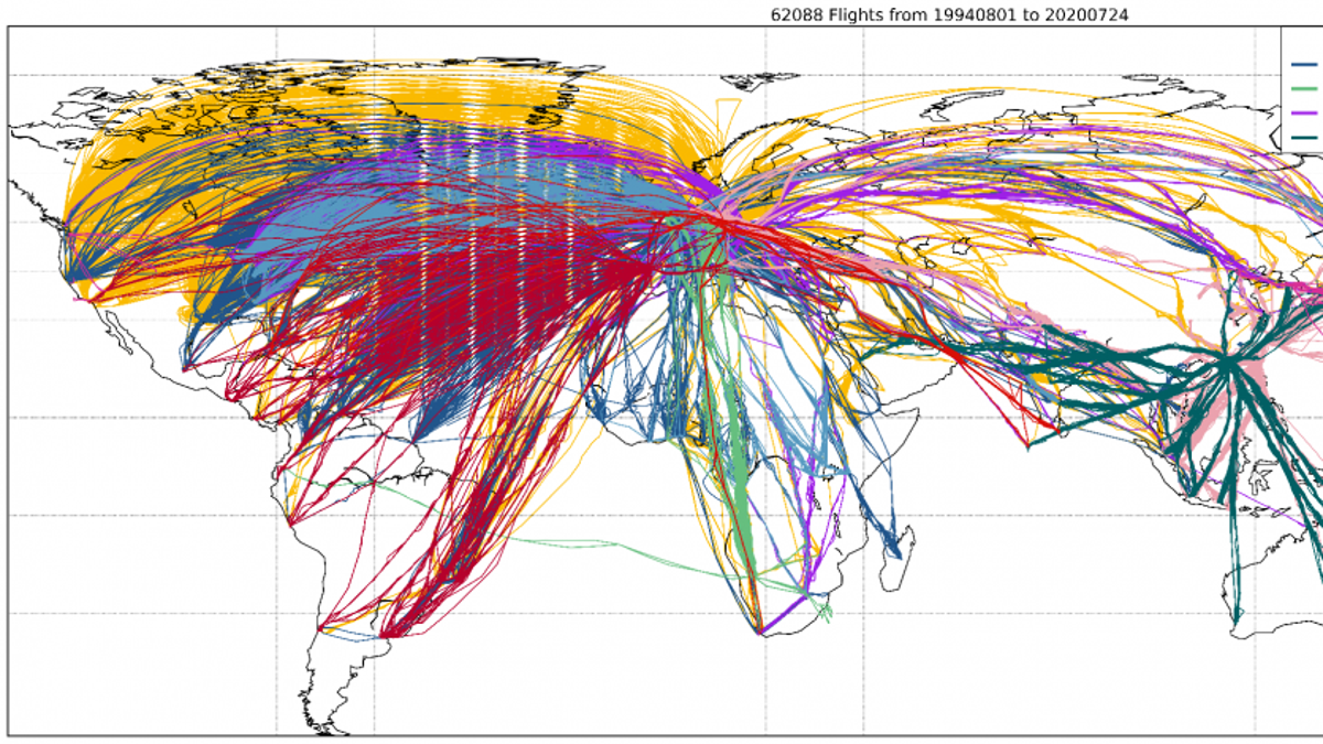 IAGOS makes global observations of atmospheric composition from commercial aircraft. Between 1994 and 2020, IAGOS collected measurements on more than 62,000 flights worldwide.  (Credit: IAGOS)