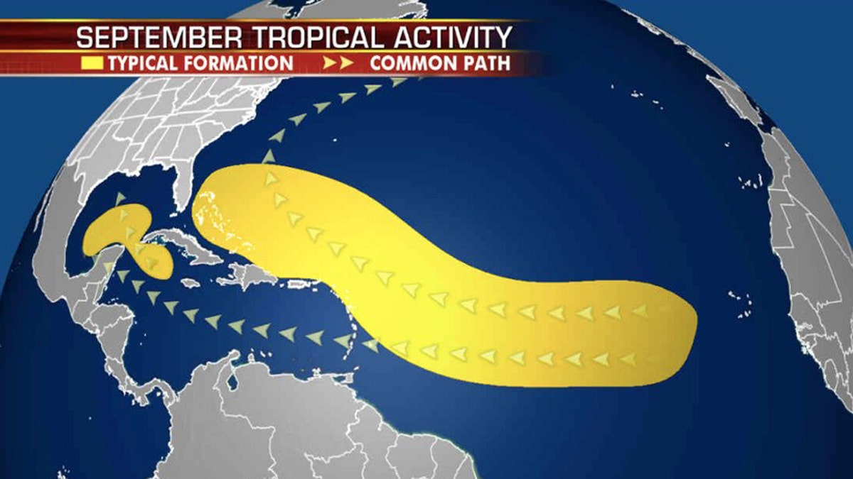Where tropical storms typically develop during the month of September.