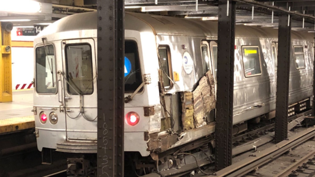 A subway train in New York City derailed after striking debris on the tracks in Manhattan on Sept. 20, 2020.