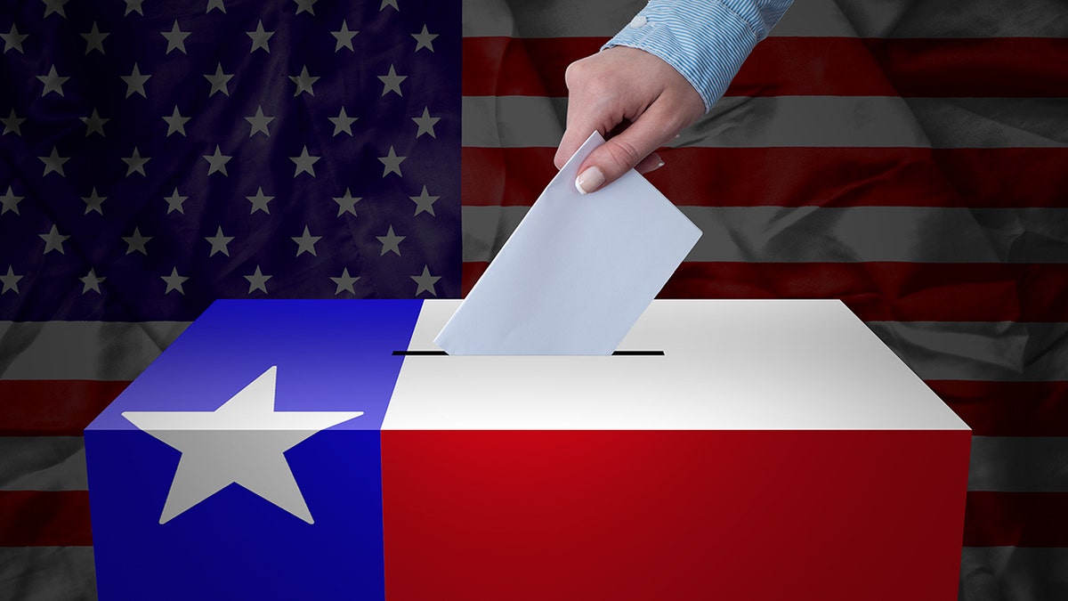 A hand casting a vote in a ballot box for an election in the Texas, USA