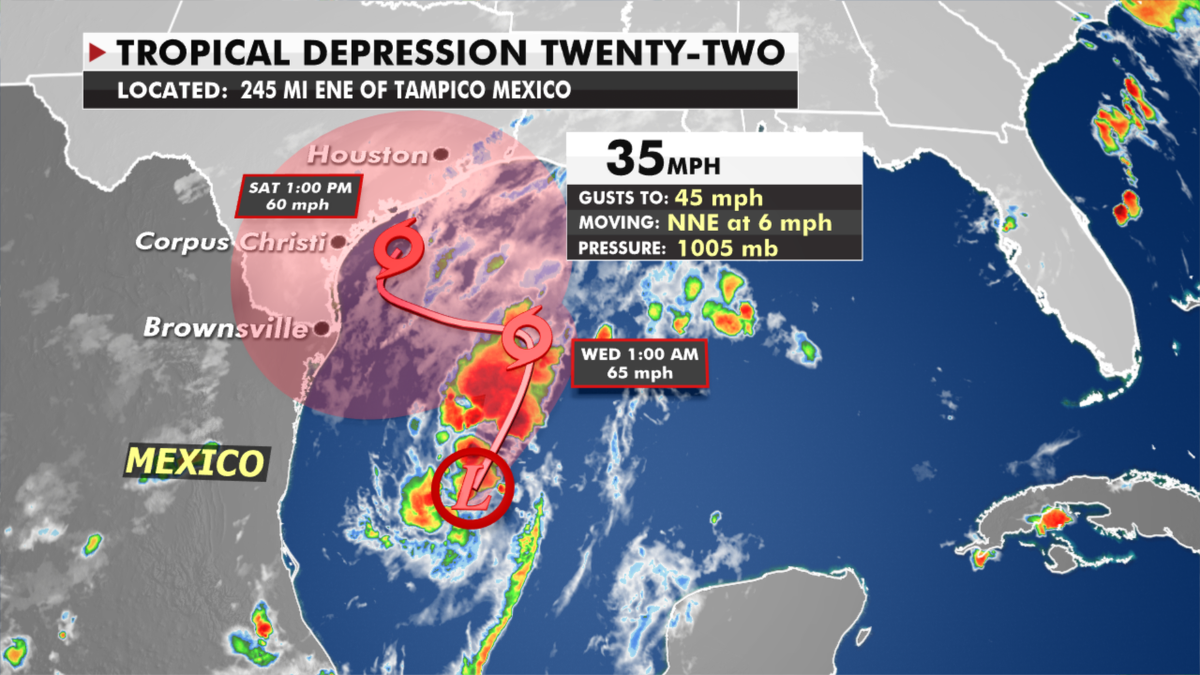Tropical Depression 22 will move through the Gulf of Mexico into Texas early next week (Fox News)