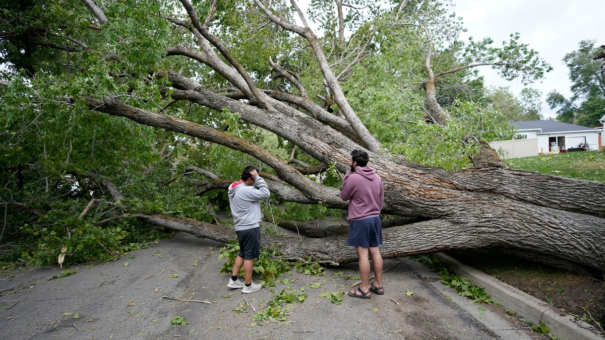 People survey the damage after high winds caused widespread damage and power outages Tuesday, Sept. 8, 2020, in Salt Lake City.