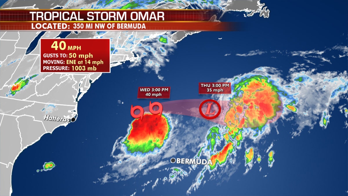 The forecast track of Tropical Storm Omar.
