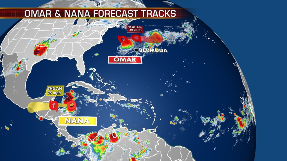 Nana and Omar, two tropical storms, can be seen with their respective forecast tracks.