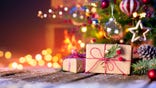 Christmas Home Room - Gift Box Below Tree With Lights And Fireplace