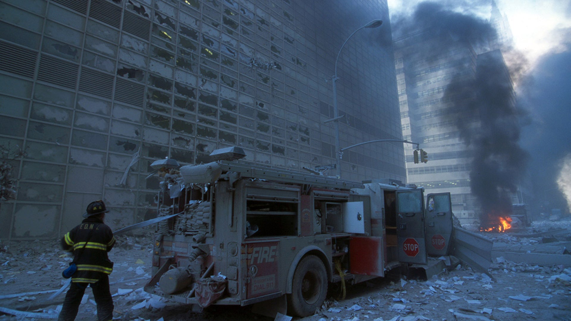 A New York firefighter amid the rubble of the World Trade Center following the 9/11 attacks.