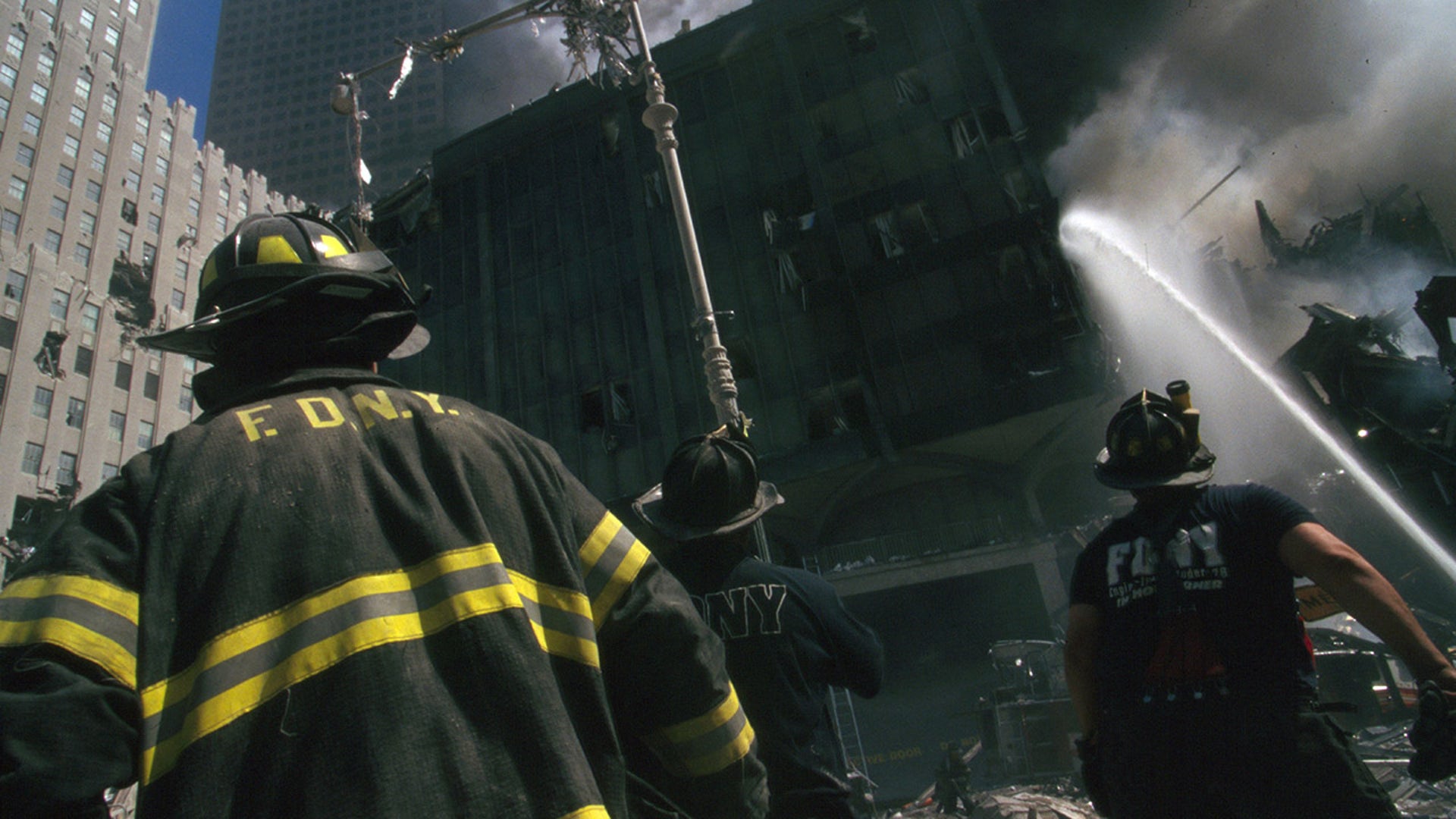 A New York firefighter amid the rubble of the World Trade Center following the 9/11 attacks.