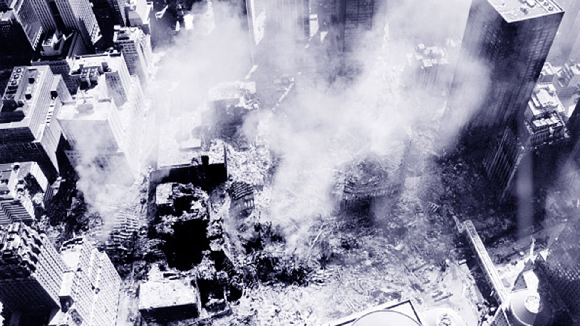 Aerial view after the 9/11 attacks on the World Trade Center Site in New York.