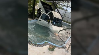Truck swerves off a road through patio, before landing in backyard swimming pool