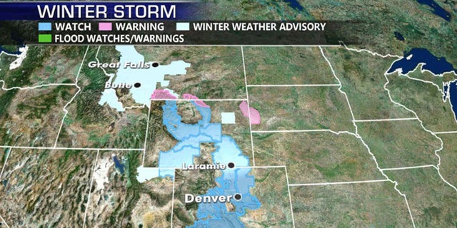 Winter storm watches and warnings extend across Montana, Wyoming, and Colorado as a winter system will bring in the cold blast. 