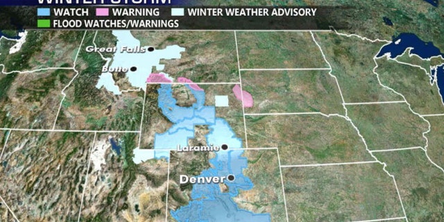 Winter storm watches and warnings extend across Montana, Wyoming, and Colorado as a winter system will bring in the cold blast.