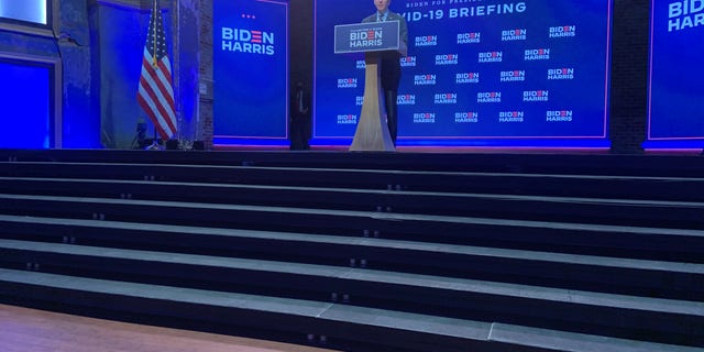 Democratic presidential nominee Joe Biden takes questions from reporters in Wilmington, Delaware, after sitting down for a coronanvirus pandemic briefing with his team of health experts, on Sept. 16, 2020.