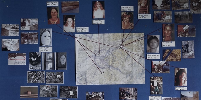 The murder map featuring photos of a selection of Hansen’s victims with string pointing to where they were found.
