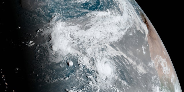 Tropical Storms Paulette (left) and Rene (right) can be seen over the Atlantic Ocean on Sept. 10, 2020.