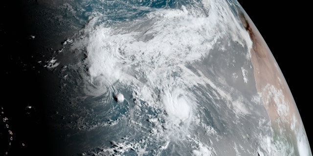 Tropical Storms Paulette (left) and Rene (right) can be seen over the Atlantic Ocean on Sept. 10, 2020.