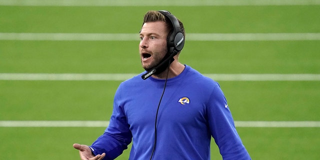 Los Angeles Rams head coach Sean McVay yells out instructions during the first half of an NFL football game against the Dallas Cowboys Sunday, Sept. 13, 2020, in Inglewood, Calif. (AP Photo/Jae C. Hong )