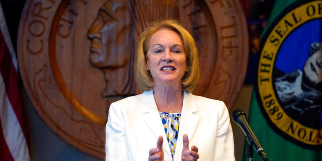Seattle Mayor Jenny Durkan addresses a news conference about changes being made in the police department Wednesday, Sept. 2, 2020, in Seattle.