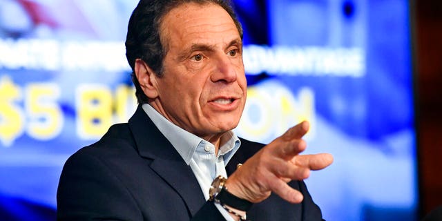 FILE: New York Gov. Andrew Cuomo speaks about the $175.5 billion state budget during a news conference in the Red Room at the state Capitol in Albany, N.Y.