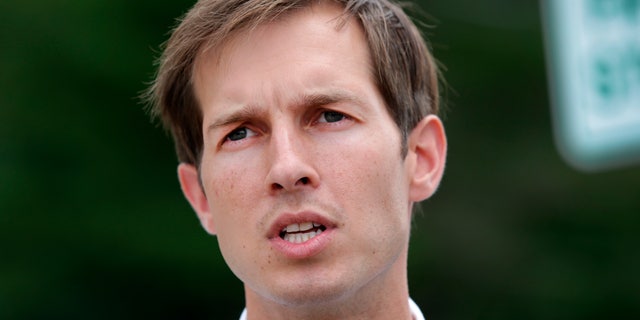 This Sept. 1, 2020 photo shows Rep. Jake Auchincloss, D-Mass., when he was a candidate in the Massachusetts 4th District race. The former Marine defended President Biden's handling of the Ukraine-Russia situation in an interview with Fox News. (Jonathan Wiggs/The Boston Globe via AP)