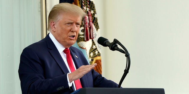 President Donald Trump speaks during a news conference on the North Portico of the White House, Monday, Sept. 7, 2020, in Washington. (AP Photo/Patrick Semansky)